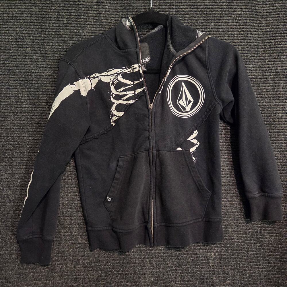 Volcom Youth small Black Skeleton Zombie Full Zip Hooded Sweatshirt Y2K